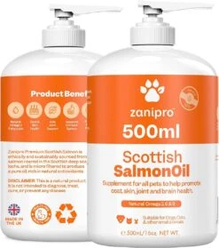 Aerend - Zalmolie Voor Honden En Katten - Zanipro® 500 Ml - 100% Visolie Op Schotse Zalmolie - Glanzende Vacht - Voedingssupplement - Anti-jeuk - Gezonde Bron Van Omega 3, 6 & 9 - Behandeling Voor Fretten En Paarden -Exporteren Alles Voor Honden Winkel 1062x1200