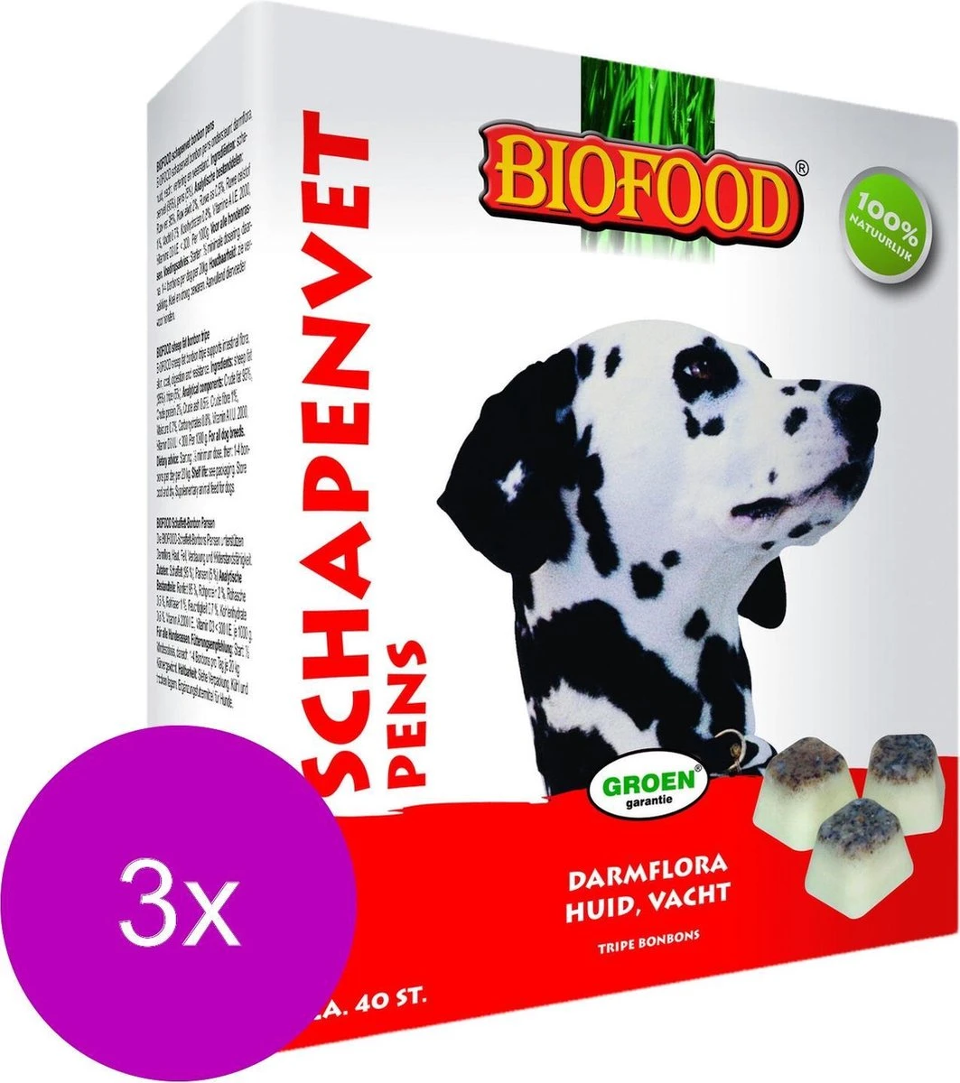 Biofood Schapenvet Bonbons Met Pens - Hond - Voedingssupplement - 3 X 40 Bonbons 3 Biofood Schapenvet Bonbons Met Pens - Hond - Voedingssupplement - 3 X 40 Bonbons
