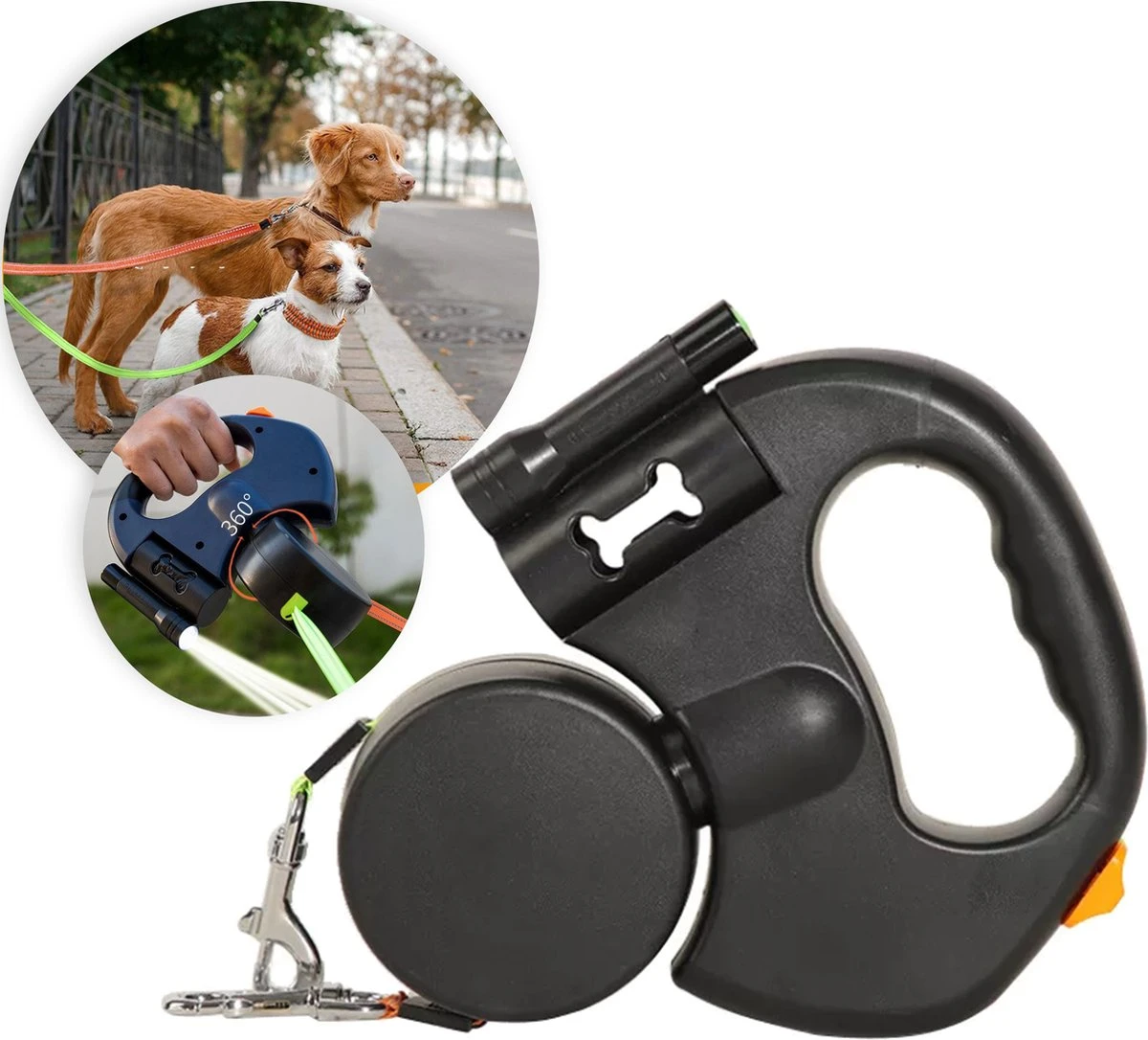 Dubbele Honden Riem – Leiband Hond – Hondenlijn – Looplijn Hond – 2 Honden – 3 Meter – Tot 12kg Per Hond – Reflecterende Lijnen – Met Zaklamp – 360° Draaien – Verstelbaar - Zwart 3 Dubbele Honden Riem – Leiband Hond – Hondenlijn – Looplijn Hond – 2 Honden – 3 Meter – Tot 12kg Per Hond – Reflecterende Lijnen – Met Zaklamp – 360° Draaien – Verstelbaar - Zwart