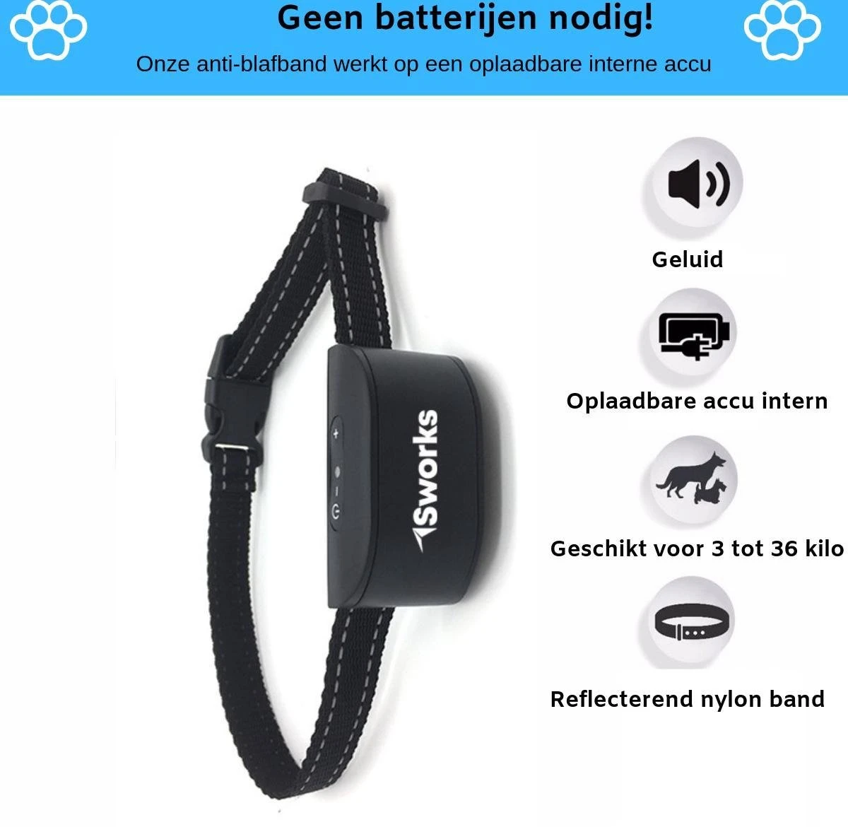 Sworks – Anti Blafband- Honden- Opvoedingshalsband - Geen Elektrische Schok - Geluid En Trilling 6 Sworks – Anti Blafband- Honden- Opvoedingshalsband - Geen Elektrische Schok - Geluid En Trilling - Afbeelding 4