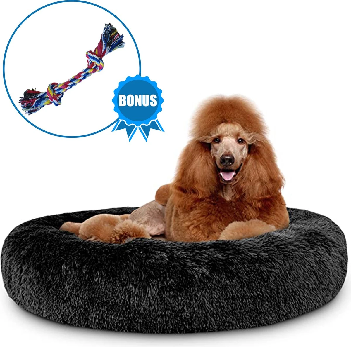 Pawzle Hondenmand - Donut Hondenkussen - Kattenmand - Bed Voor Honden & Katten - Wasbaar - 120cm - Zwart 3 Pawzle Hondenmand - Donut Hondenkussen - Kattenmand - Bed Voor Honden & Katten - Wasbaar - 120cm - Zwart