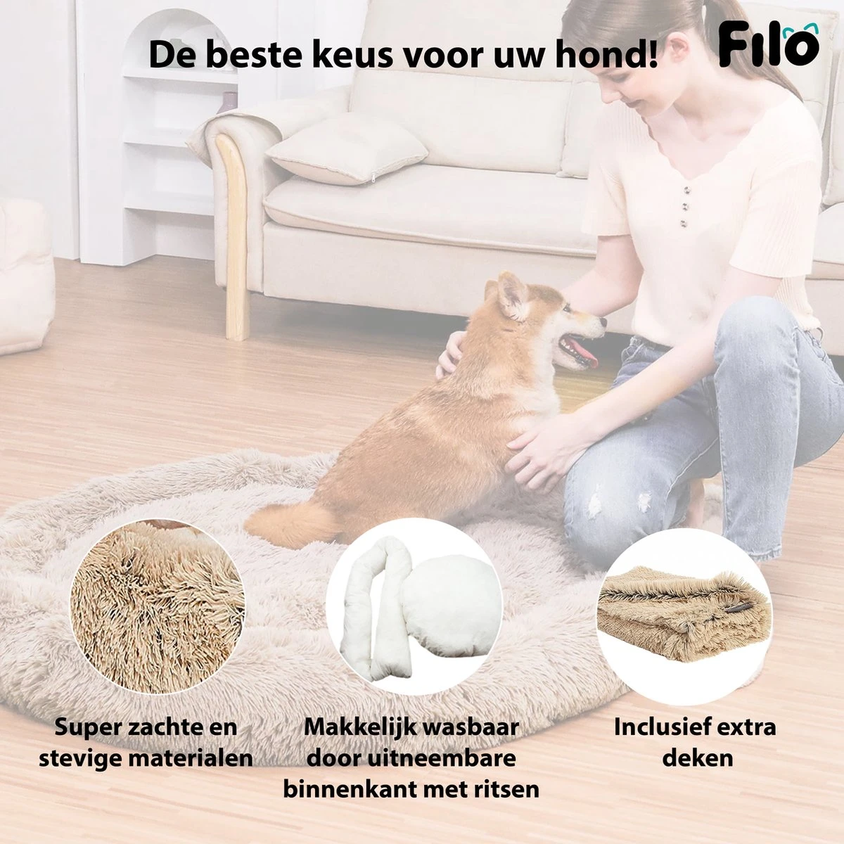 Filo Hondenmand 60cm Met Deken & Rits – Crème – Geschikt Als Kattenmand - Fluffy Donut Hondenbed Lichtbruin - Honden Mand & Bed – Hondenkussen – Kussen Hond – Katten Mand 8 Filo Hondenmand 60cm Met Deken & Rits – Crème – Geschikt Als Kattenmand - Fluffy Donut Hondenbed Lichtbruin - Honden Mand & Bed – Hondenkussen – Kussen Hond – Katten Mand - Afbeelding 6