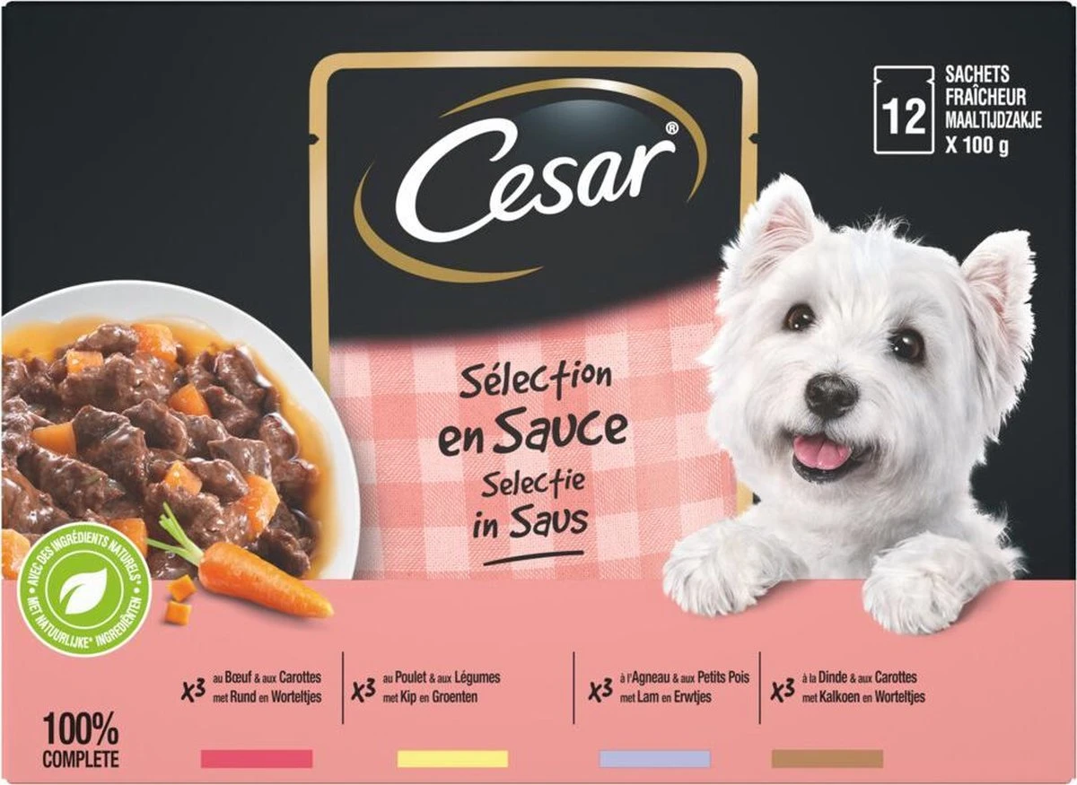 Cesar Selectie In Saus Maaltijdzakjes Honden Natvoer - Vlees En Groenten In Saus - 48 X 100 Gr 6 Cesar Selectie In Saus Maaltijdzakjes Honden Natvoer - Vlees En Groenten In Saus - 48 X 100 Gr - Afbeelding 4