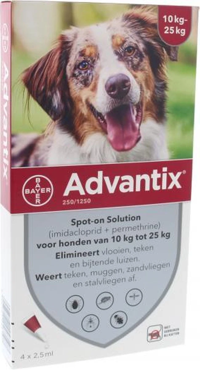 Bayer Advantix Spot On 250 Anti Vlooien En Teken Druppels Hond 10 - 25 Kg 4 Pipetten 10 Bayer Advantix Spot On 250 Anti Vlooien En Teken Druppels Hond 10 - 25 Kg 4 Pipetten - Afbeelding 8