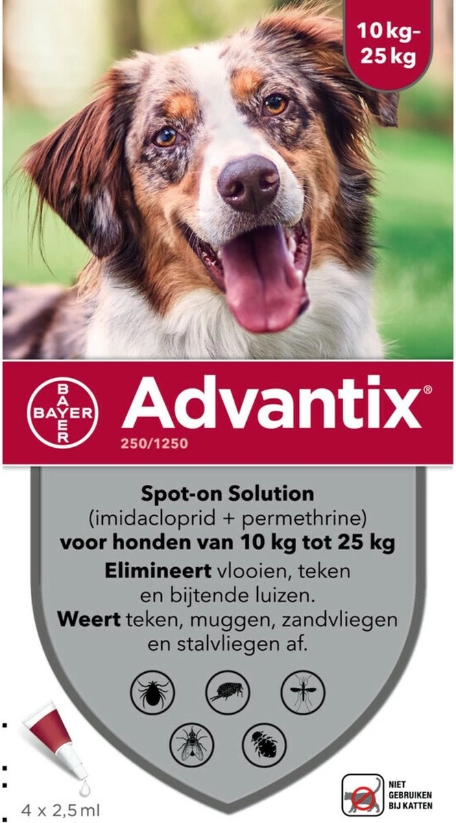 Bayer Advantix Spot On 250 Anti Vlooien En Teken Druppels Hond 10 - 25 Kg 4 Pipetten 3 Bayer Advantix Spot On 250 Anti Vlooien En Teken Druppels Hond 10 - 25 Kg 4 Pipetten