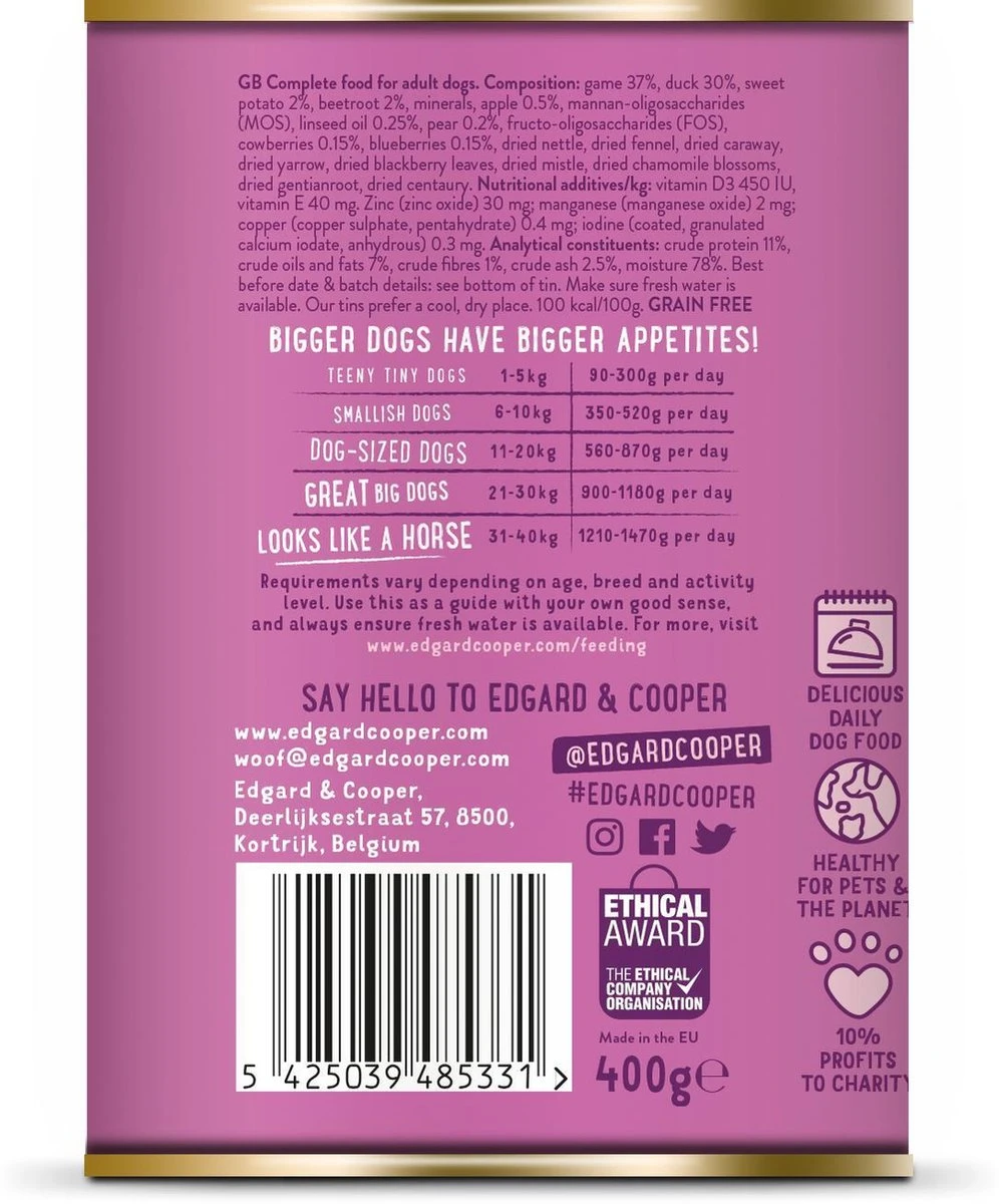 Edgard & Cooper Wild & Eend Blik - Voor Volwassen Honden - Hondenvoer - 12 X 400g 8 Edgard & Cooper Wild & Eend Blik - Voor Volwassen Honden - Hondenvoer - 12 X 400g - Afbeelding 6